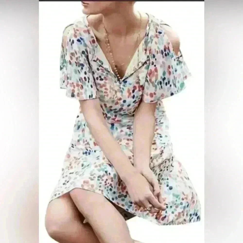 Maeve Anthropologie Multi Color Spotted Short Sleeve V-Neck Dress, Size M